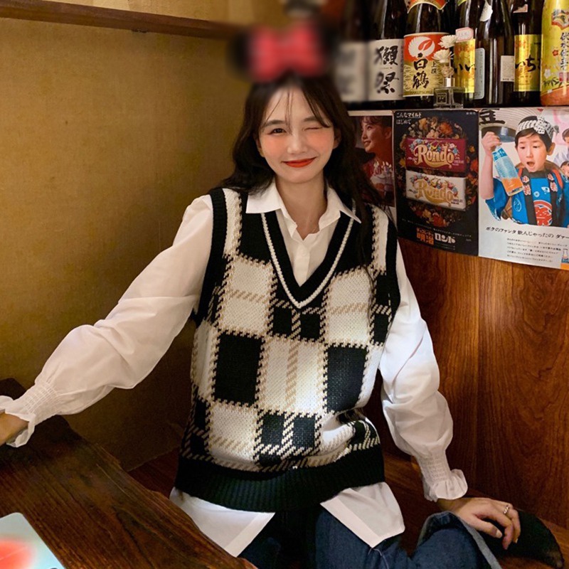 Áo len không tay cổ chữ V họa tiết sọc caro thời trang cho nữ