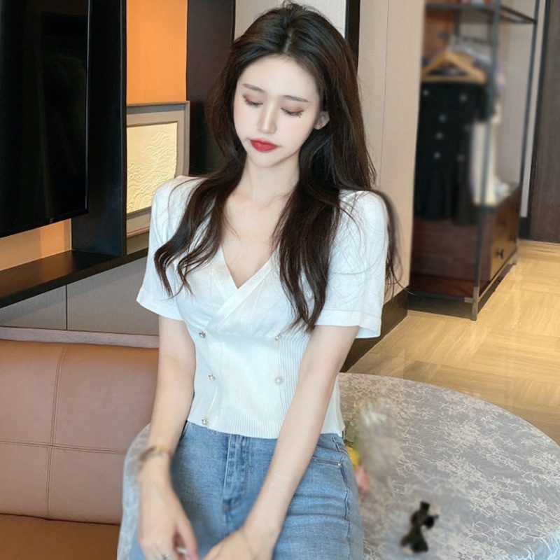 Áo Croptop Dệt Kim Màu Sắc Trơn Tay Ngắn Cổ Chữ V Phong Cách Hàn Quốc Cho Nữ