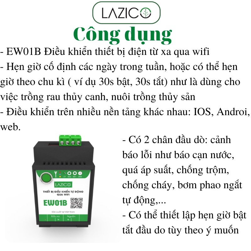 Điều khiển từ xa máy bơm 220V qua wifi bằng điện có cảnh báo cạn nước, báo áp suất cao LAZICO EW01B