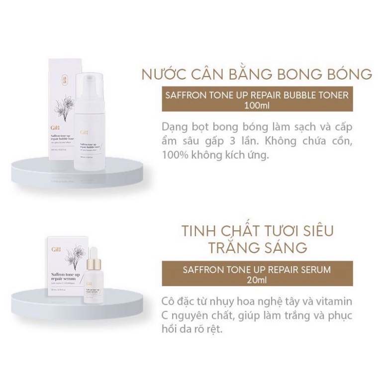 Bộ 5 Sản Phẩm Dưỡng Trắng và Phục Hồi Da GILAA SAFFRON TONE UP REPAIR TAN