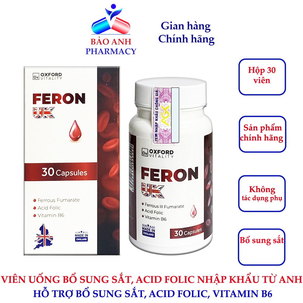 Viên bổ sung sắt cao cấp nhập khẩu từ Anh quốc FERON UK chứa Sắt, Acid folic, Vitamin B6 – Hộp 30 viên