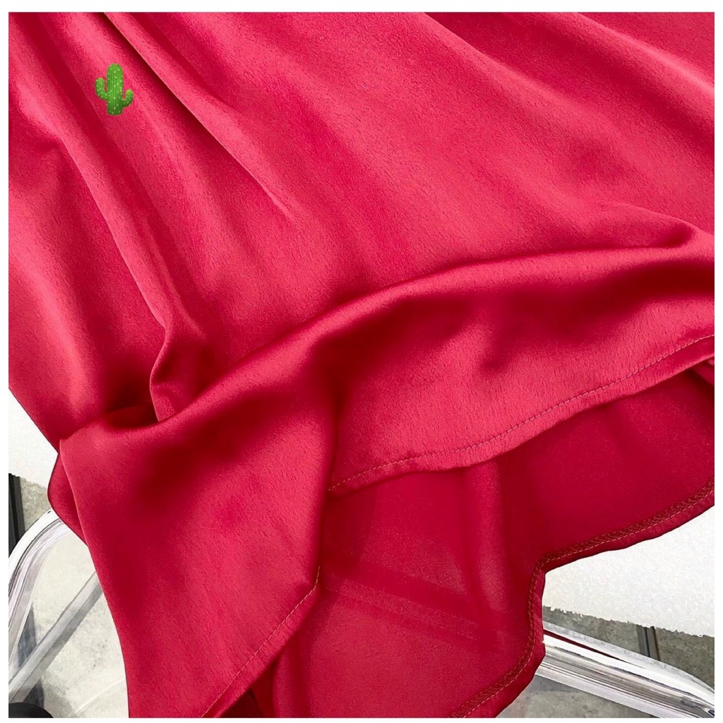 [Dưới 60kg] Áo cổ yếm phi lụa đỏ form suông có zip sau sang chảnh PC