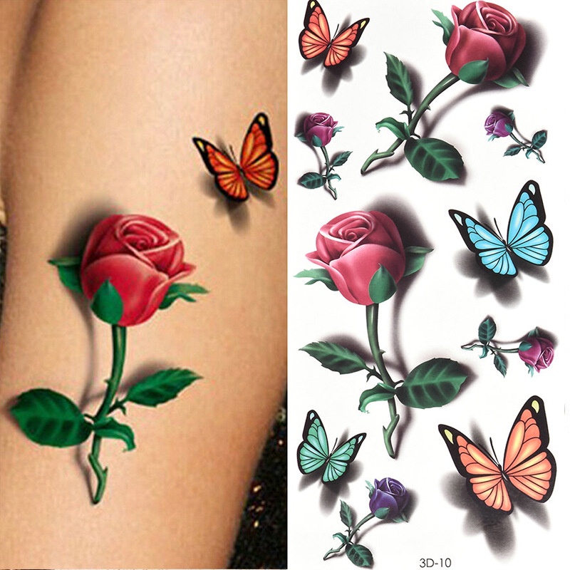 [Hàng mới về] Hình xăm dán tạm thời họa tiết hoa hồng bướm 3D dùng một lần