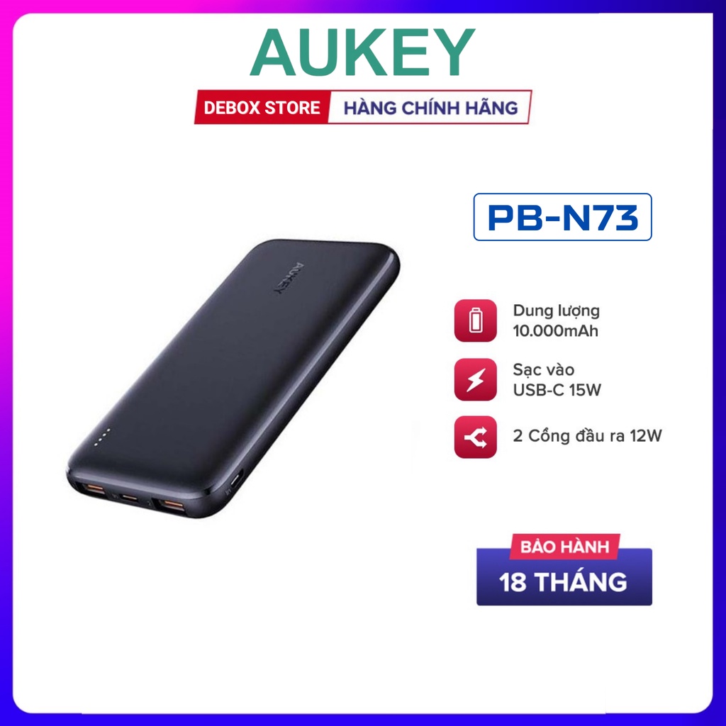 【Giao hàng nhanh】Sạc Dự Phòng Siêu Mỏng 10.000 mAh Aukey PB-N73 Sạc Nhanh Type C 15W, 2 Cổng USB-A - Chính hãng