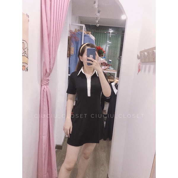 Đầm Thun Đen Cổ Sơ Mi Viền Trắng Chất Thun Dày Dặn ( Hàng Sẵn) | BigBuy360 - bigbuy360.vn