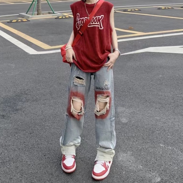 Quần baggy rách street style quần hiphop nam unisex Quần jean trắng phong cách Hàn Quốc quần jean nam rách gối