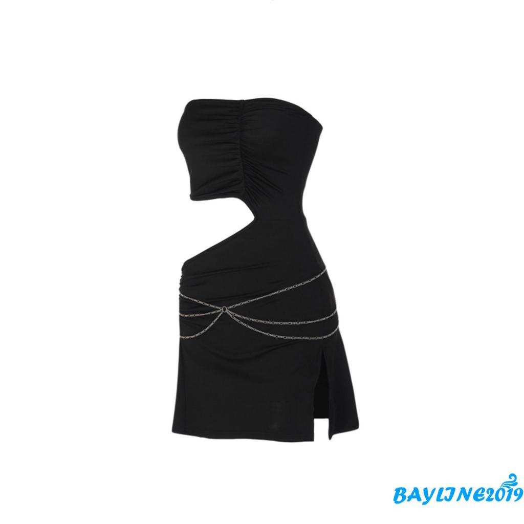 Đầm Ôm Không Tay Hở Vai Màu Trơn Có Dây Xích Thời Trang Cho Nữ