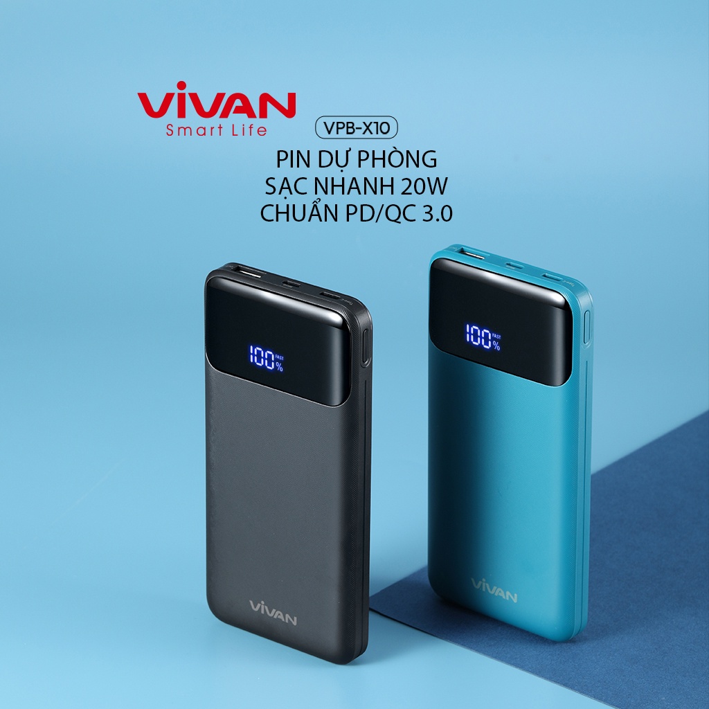 Pin Sạc Dự Phòng 10000mAh Sạc Nhanh PD/QC 3.0 VIVAN VPB-X10 20W 2Output Type C & USB Hàng Chính Hãng Bảo Hành 12