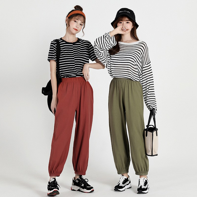 Quần Baggy Nữ Vải Đũi Xước Hàn Quốc GUPO Jogger Bo Gấu Lưng Chun Thun Bigsize