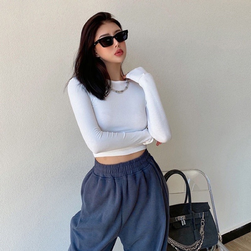 Áo croptop tay dài nữ , chất thun lụa mát dưới 52kg co dãn tốt from body HUYNE Denim