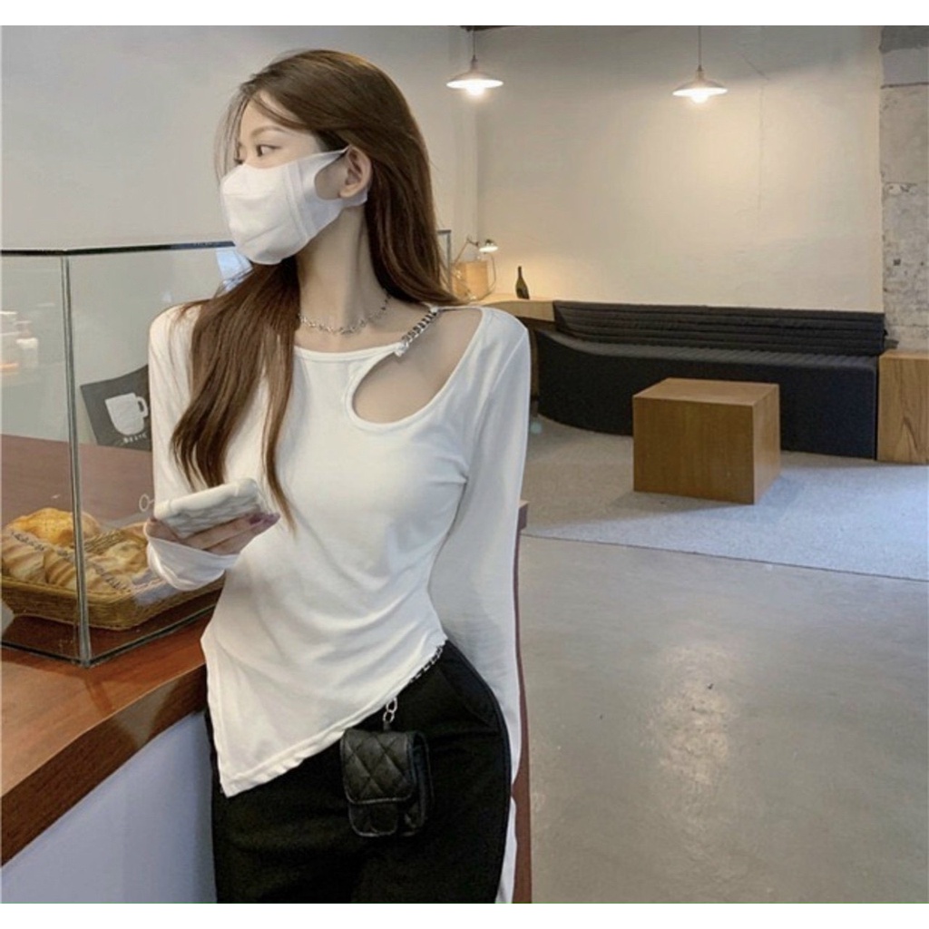 Áo kiểu tay dài nhọn tà khoét vai cực hot , chất thun gân mềm mịn