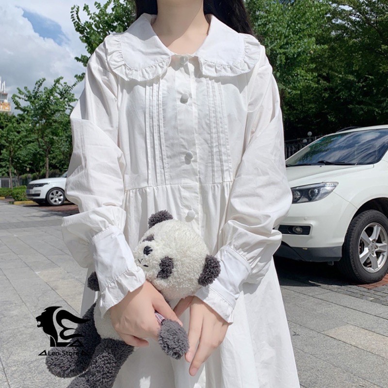 ĐẦM SƠ MI-Váy babydol trắng cổ sen đính cúc dài tay chất thô mềm | BigBuy360 - bigbuy360.vn