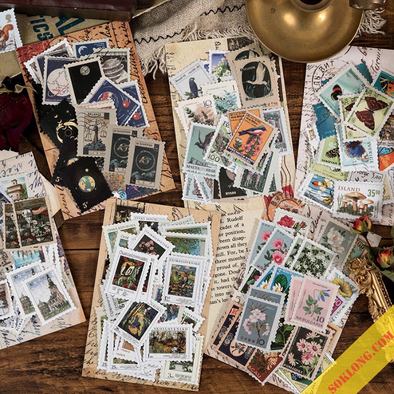 Bộ 46 tem dán Sticker phong cách Retro - Sticker hình tem trang trí sổ Tuệ Minh