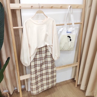Chân váy midi kẻ xẻ bên MS1939