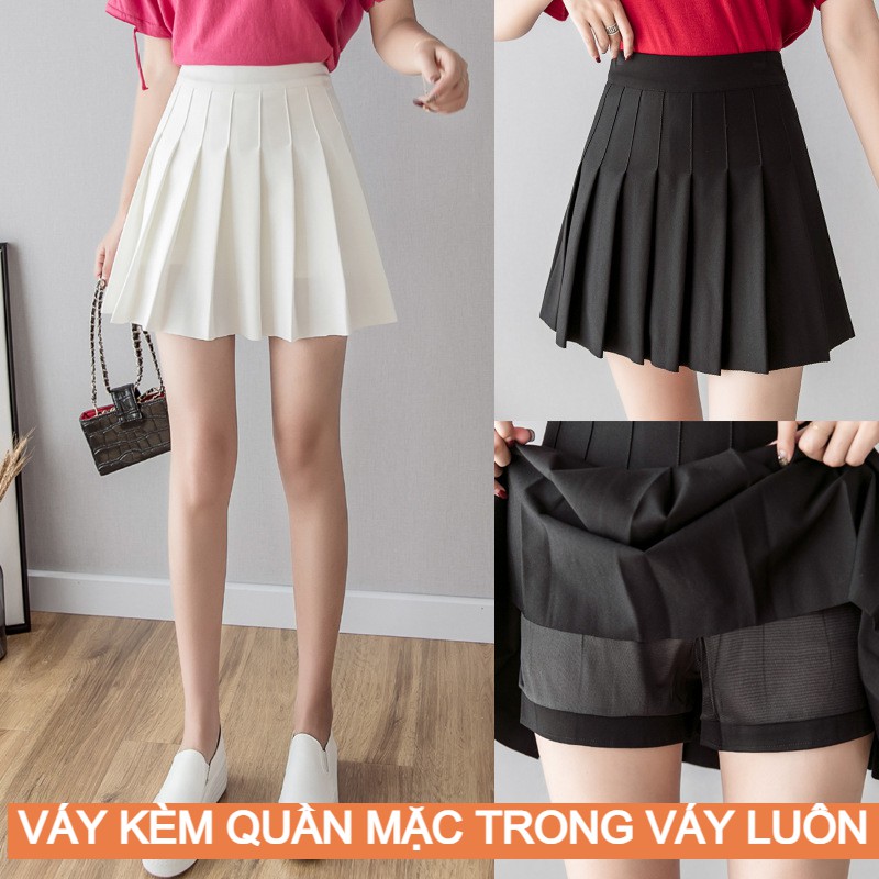 Chân váy ngắn xếp ly tennis dáng chữ a xòe LAMODE xếp li công sở lưng cao đen trắng thể thao