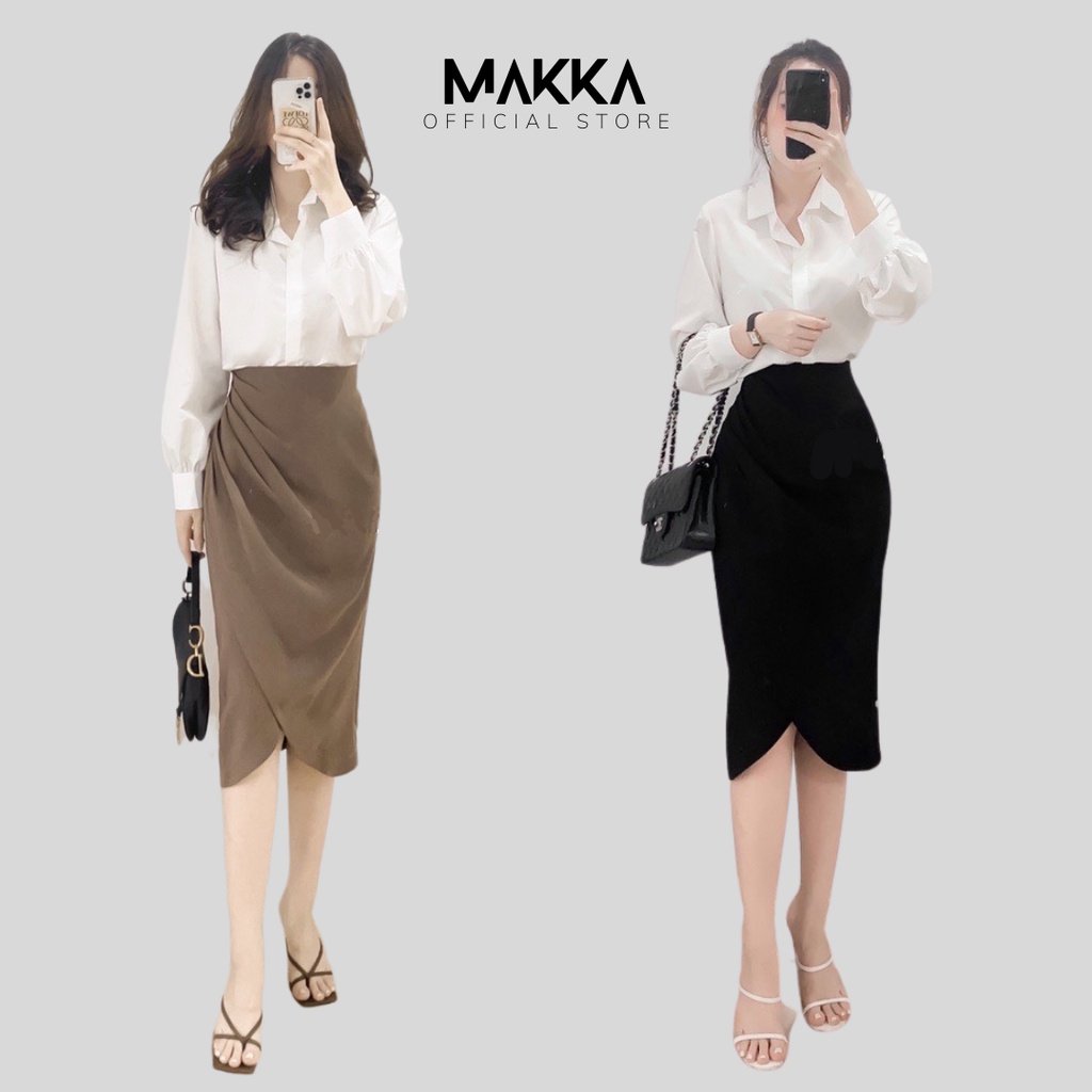 Chân váy vạt lệch xếp ly eo dáng dài thời trang MAKKA chân váy nhún eo 533
