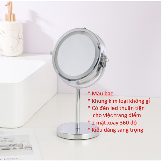 GƯƠNG TRANG ĐIỂM ĐỂ BÀN INOX/GỖ CÓ ĐÈN LED, TẶNG KÈM PIN/ DÂY SẠC MKZ156