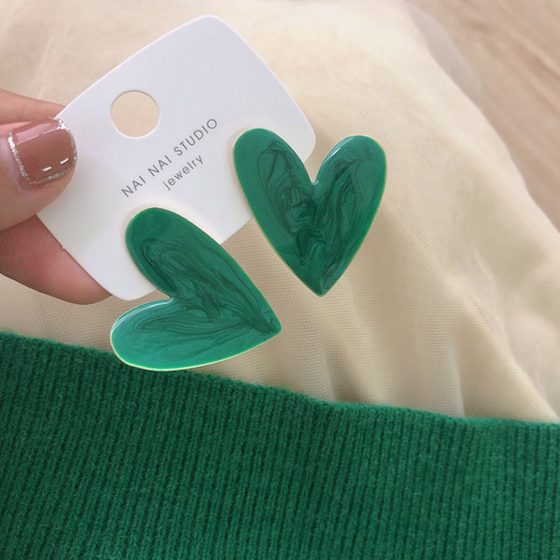 Bông tai hình trái tim màu trắng/màu xanh lá đậm phong cách retro Hàn Quốc thời trang cho nữ