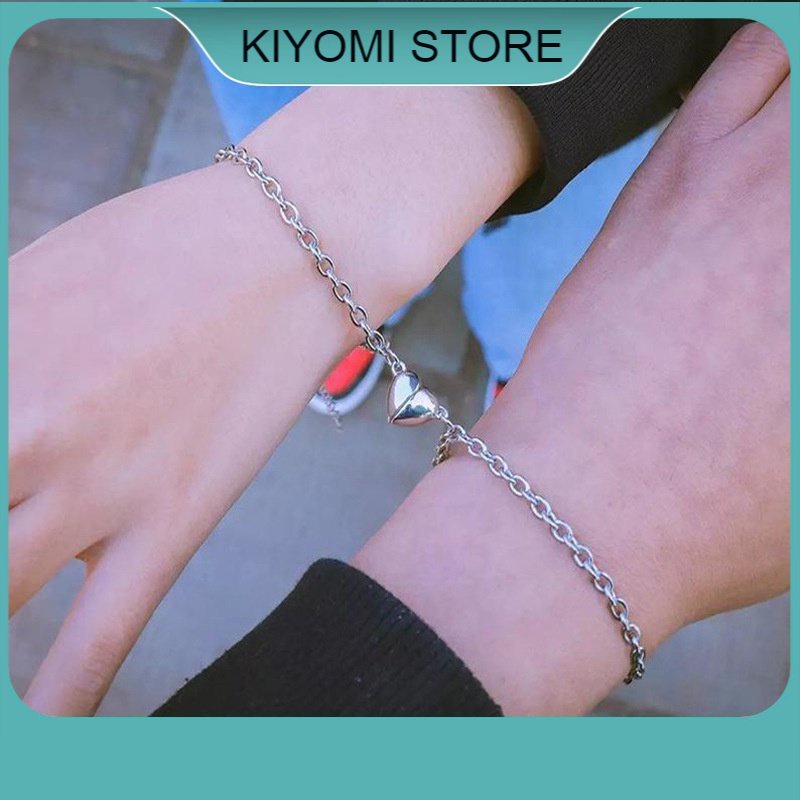 Set 2 Vòng Tay Thép Không Gỉ Có Mặt Nam Châm Hình Trái Tim Cho Cặp Đôi KIYOMI STORE