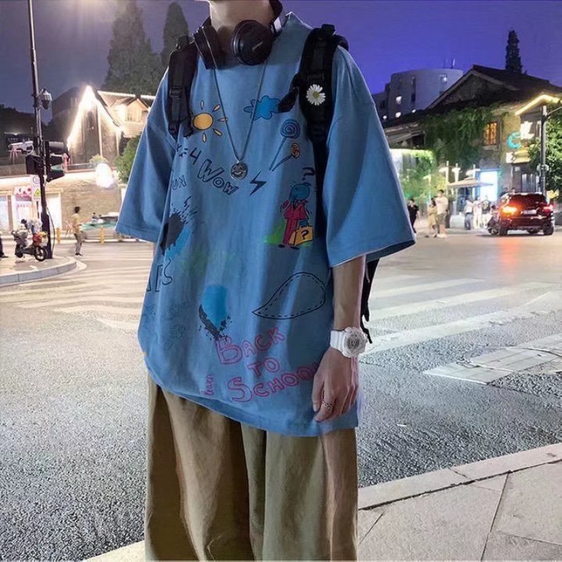 Áo Thun Tay Ngắn Cổ Tròn In Họa Tiết Graffiti Phong Cách Hàn Quốc Thời Trang Mùa Hè Cho Nam Size M-5XL