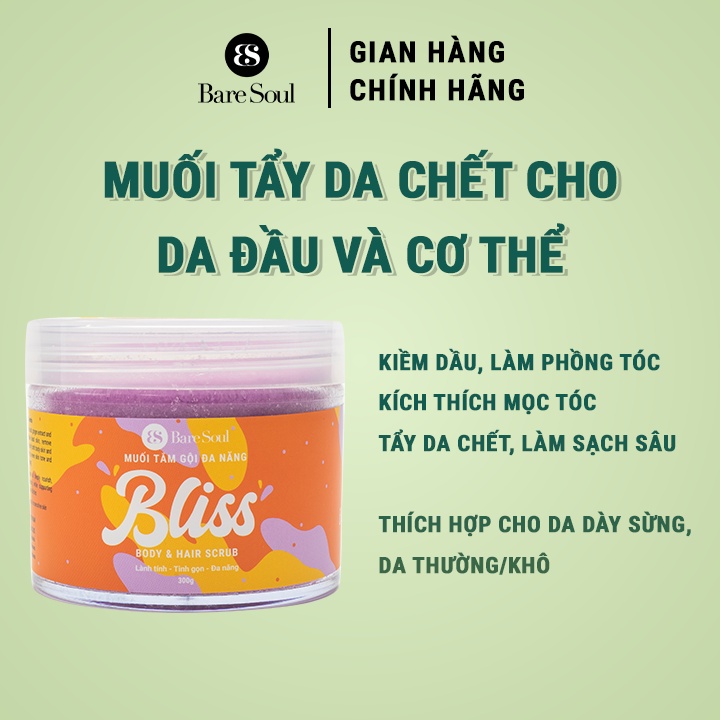 Muối tắm gội tẩy tế bào chết da đầu, tóc và tẩy tế bào chết cơ thể BareSoul FREE Body &amp; Hair Scrub 300g