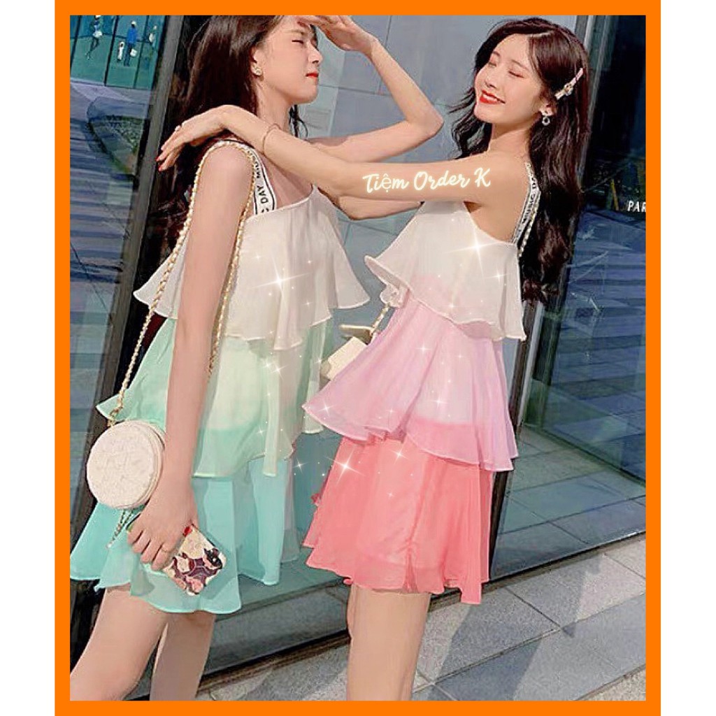 ♥️Váy Hai Dây Voan Tầng 3 Màu(ảnh thật)Fzsize Dưới 57kg