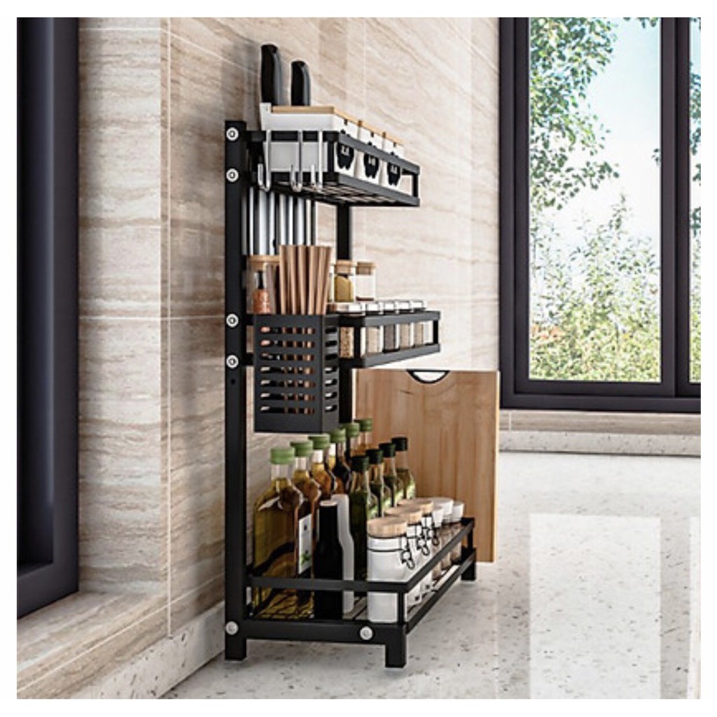 Kệ Gia Vị ĐA NĂNG 2 TẦNG 100% inox sơn tĩnh màu đen chắc chắn có chỗ để cài dao thớt để đũa móc treo