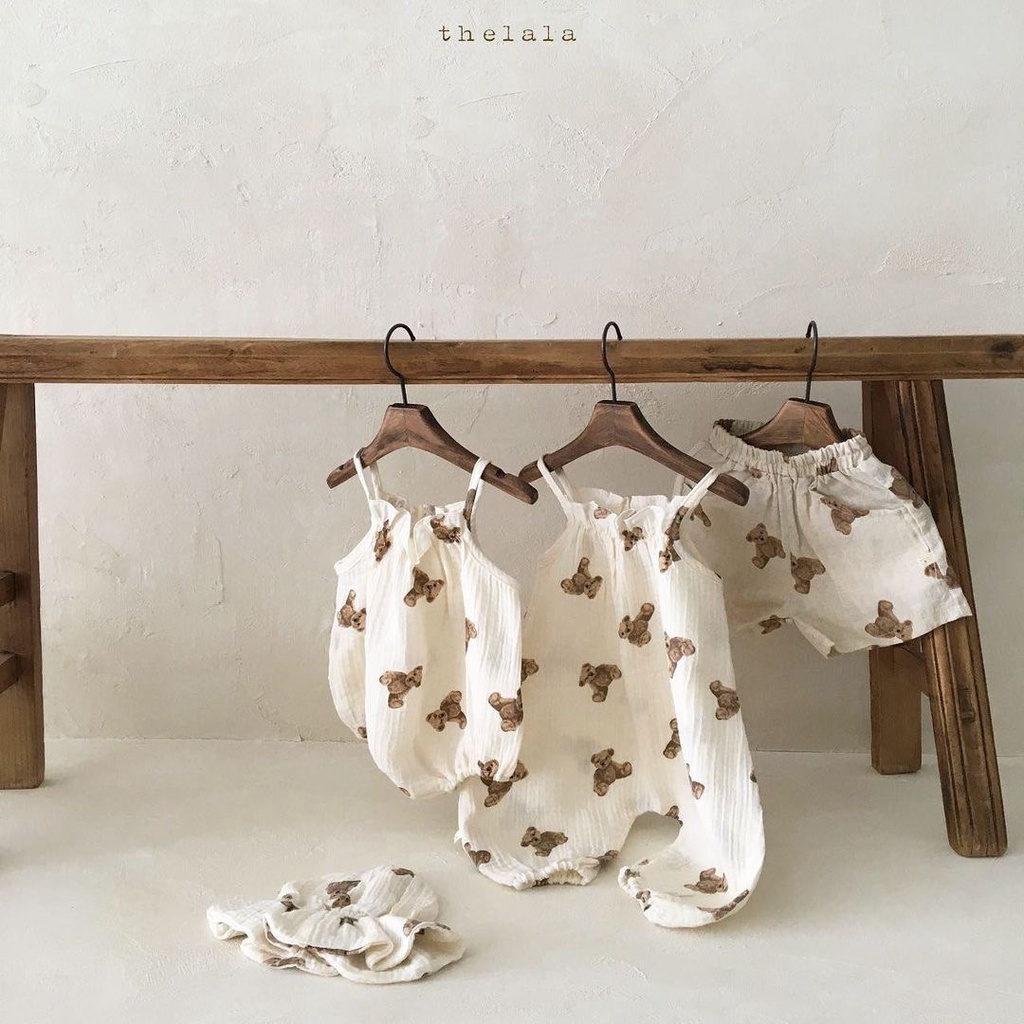 Bộ Áo Liền Quần Hai Dây Hình Gấu Dễ Thương + Nón Thời Trang Mùa Hè Cho Bé Sơ Sinh