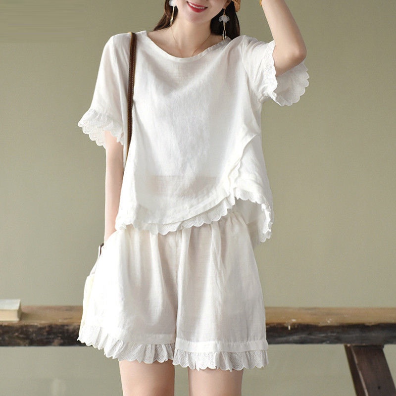 Bộ Áo Thun Cotton + Quần ngắn ống rộng Thiết Kế Độc Đáo Thời Trang Mùa Hè Hàng Mới Cho Nữ 2022