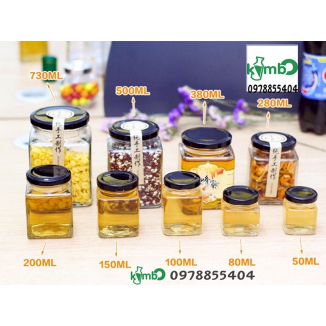 Combo 5 hủ vuông thuỷ tinh nắp đen/ vàng