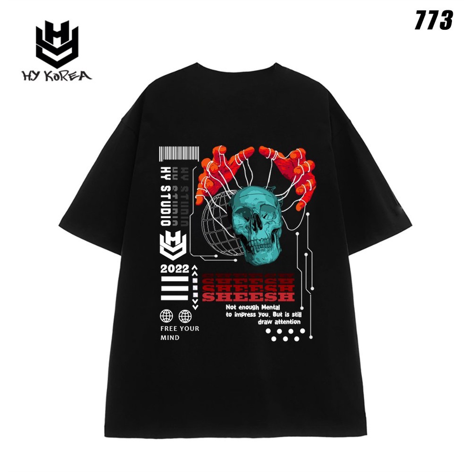 Áo thun nam tay lỡ HY KOREA nam nữ form rộng in hình Tay ôm Đầu lâu 773