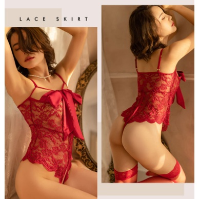 Body suit ren đồ ngủ quyến rũ hở đáy đính nơ ngực hai màu đen đỏ Món quà đêm Giáng sinh/ tết.SHIP HOẢ TỐC hcm