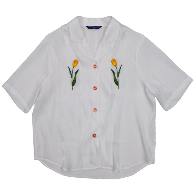 Áo Sơ Mi Tay Ngắn Thêu Hoa Tulip Thời Trang Mùa Hè Cho Nữ Size S-L 2 Kiểu