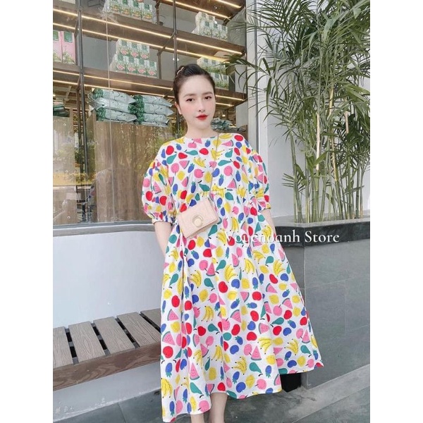 VÁY BẦU BABY DOLL HOA QUẢ, MẪU MỚI TRẺ TRUNG, CAM KẾT Y HÌNH Ạ FREESIZE