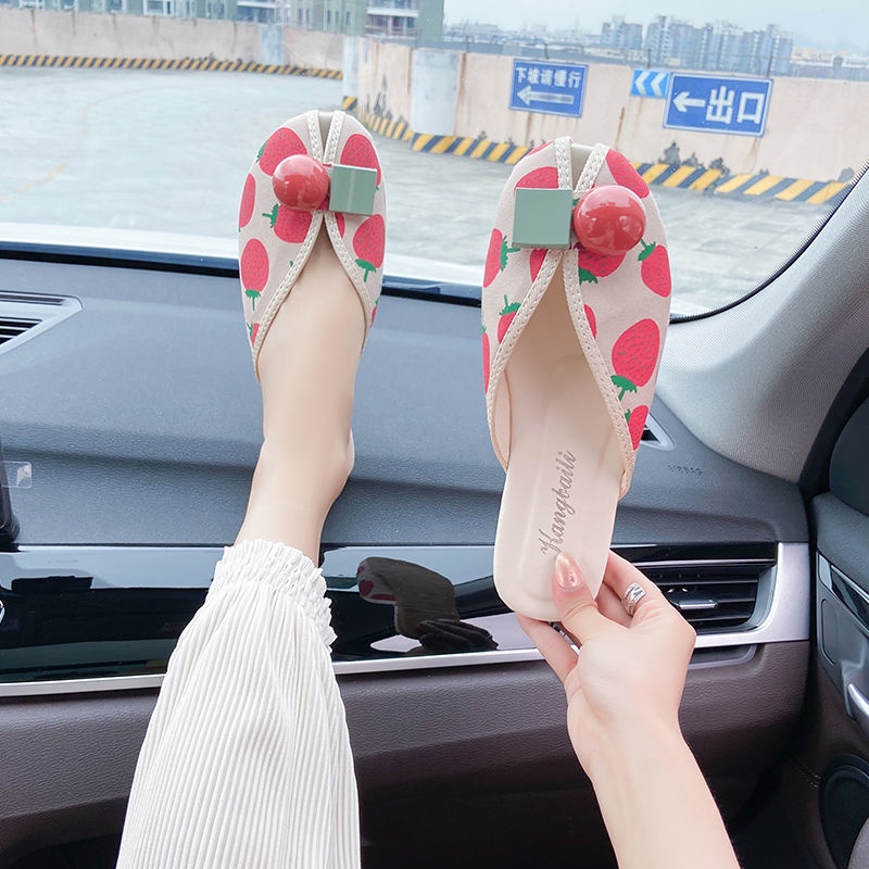 Dép Sandal Hở Mũi Đế Bằng Họa Tiết Dâu Tây Thời Trang Mùa Hè Cho Nữ