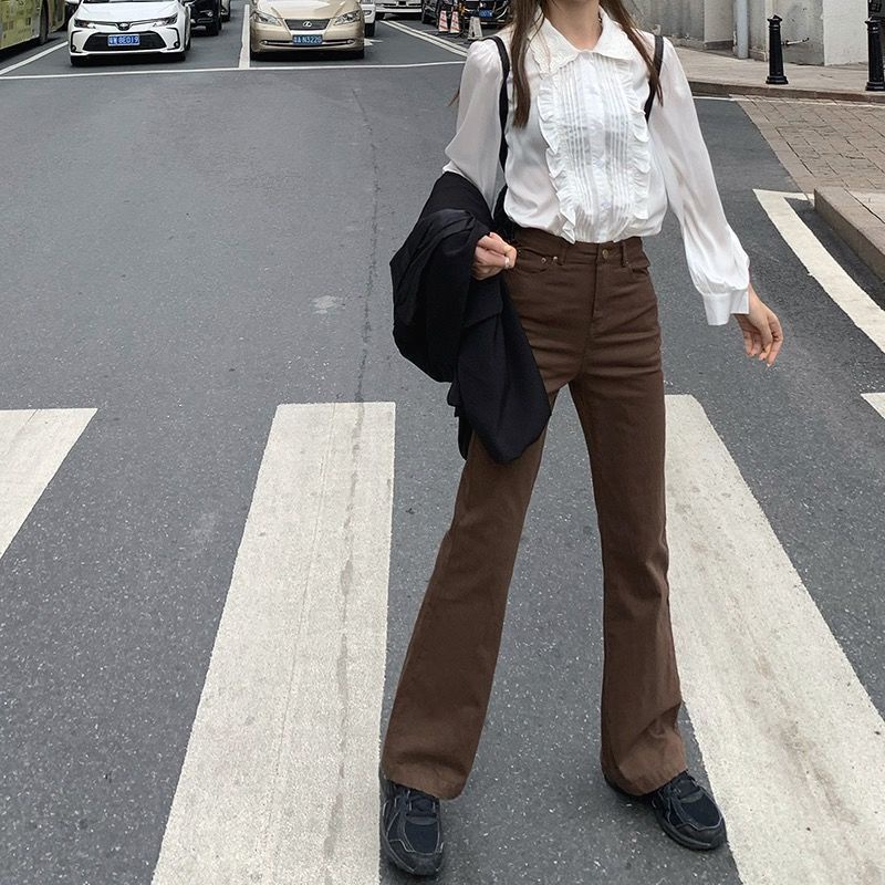 Quần jean dài ống loe lưng cao phong cách mùa thu 2021 mới cho nữ