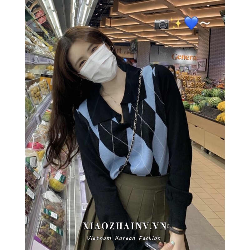 Xiaozhainv Áo thun polo tay dài họa tiết kẻ ô kim cương vintage thời trang dành cho nữ