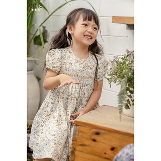 Váy Smock thêu tay hoa nhí cúc vàng nền trắng EM'S