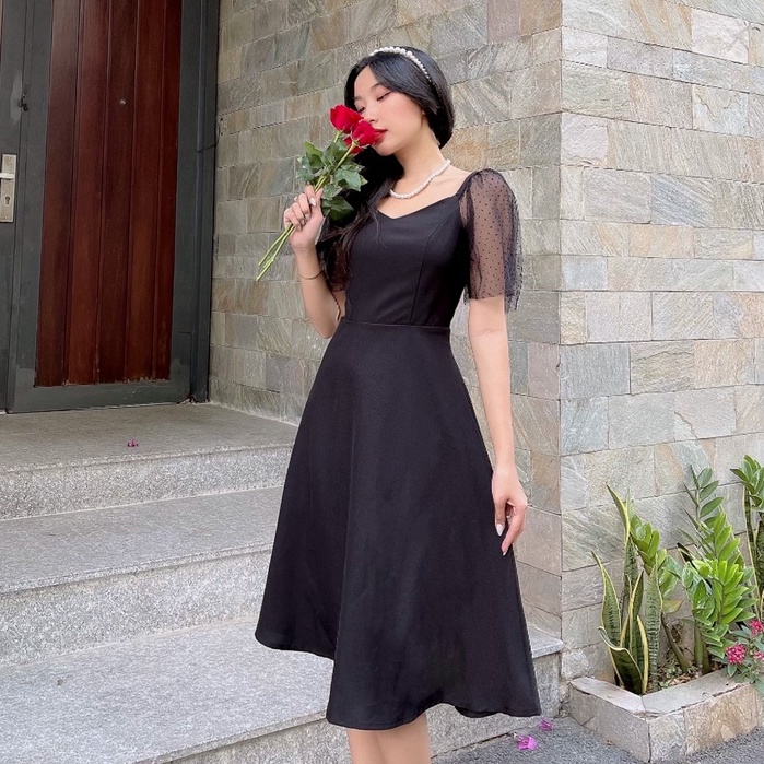 Đầm Nữ NHẬT VY Chiết Eo Tay Ngắn Phối Lưới Chất Kaki Thun Màu Đen, Nude, Đỏ - D2139