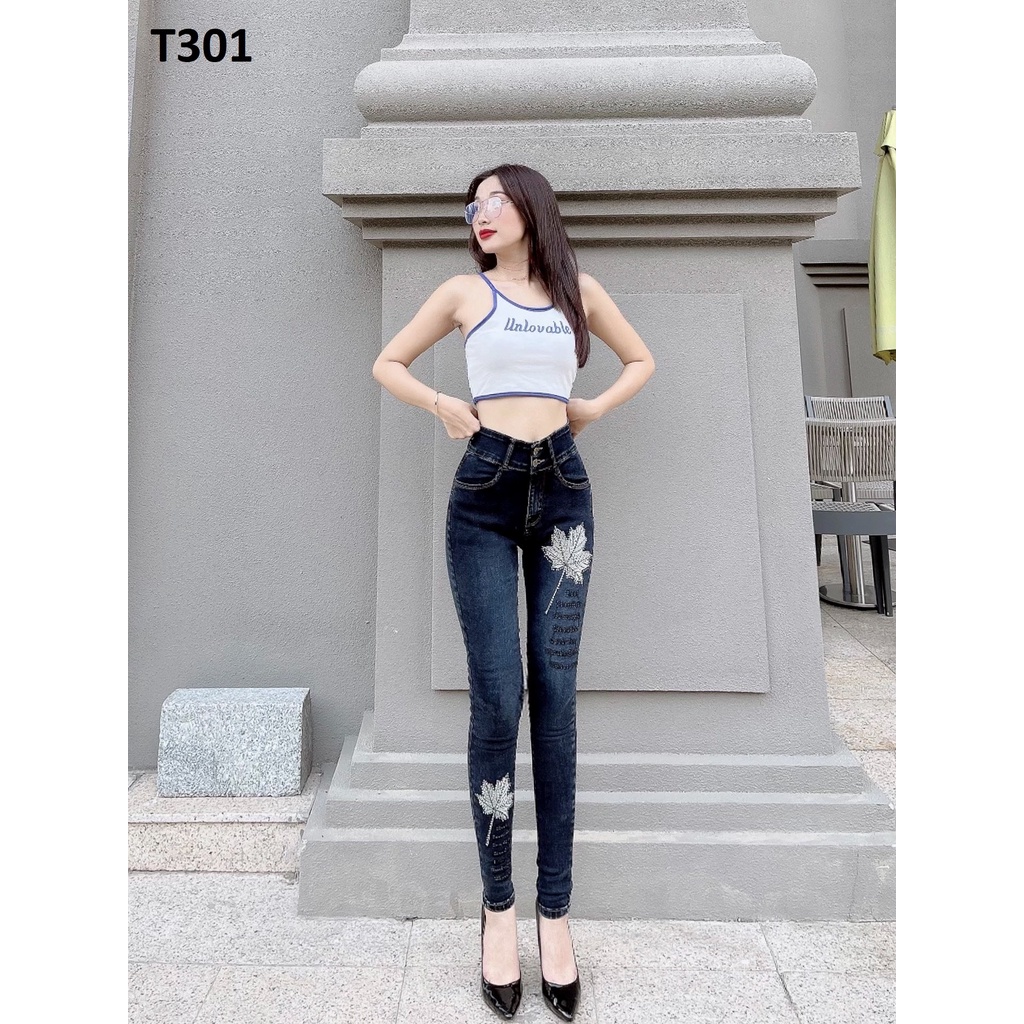 Quần jean nữ thêu hoa co giãn T301