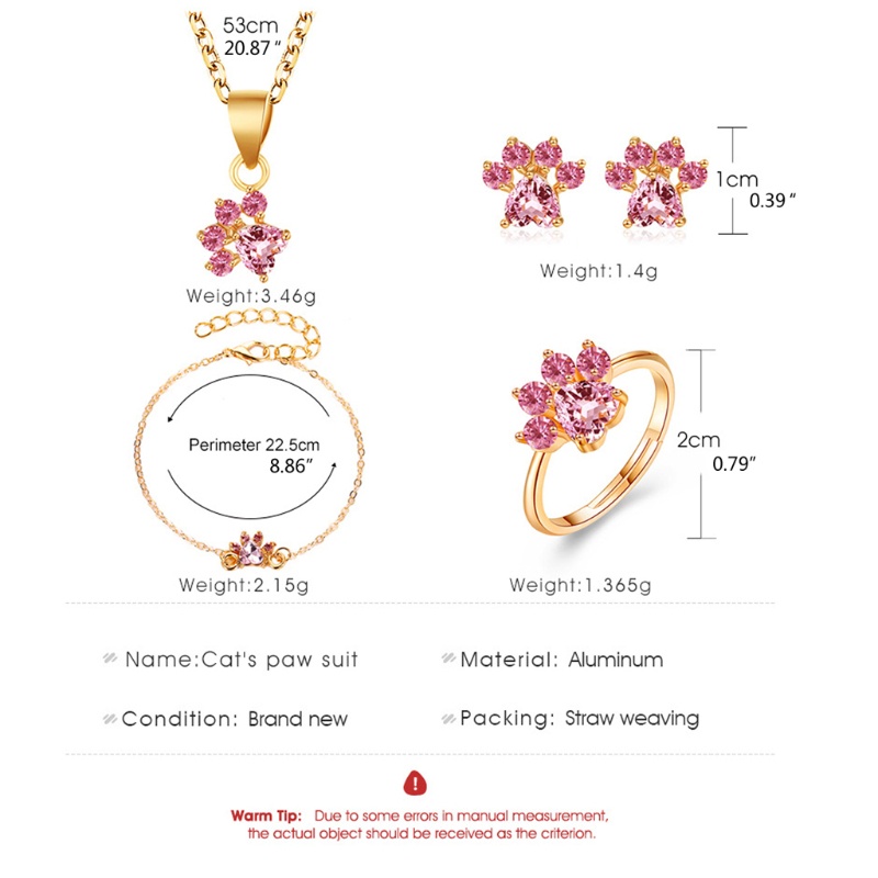 Bộ Trang Sức Nhẫn / Vòng Tay / Vòng cổ / Khuyên Tai Hình Dấu Chân Cún Đính Đá Pha Lê Màu Hồng