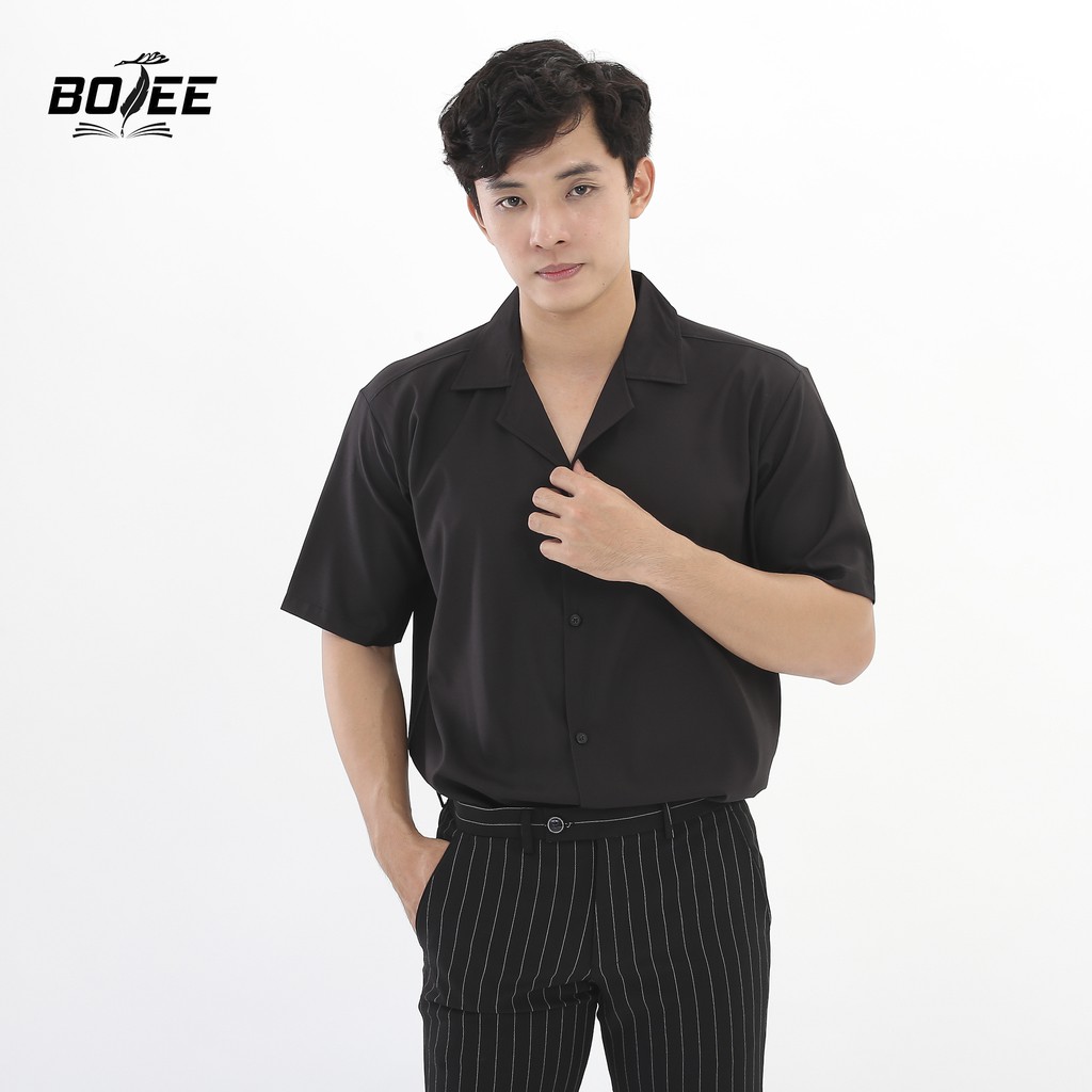 [Mã LT50 giảm 50k đơn 250k] Áo sơ mi Đen Cổ Vest ngắn tay form rộng unisex nam nữ vải lụa | BigBuy360 - bigbuy360.vn