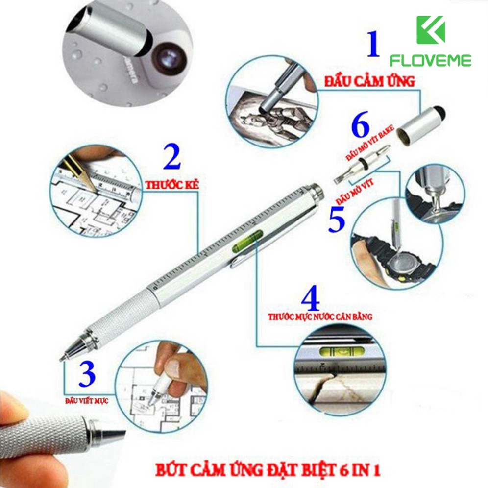 Bút cảm ứng Floveme 6 in 1 Đa Chức Năng Đầu Bút Cảm Ứng Chạm Màn Hình Tích Hợp Tua Vít Tiện Lợi .