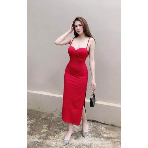 Đầm Ôm Body 2 Dây Xẻ Tà,Chất Liệu Umi [ Có Mút Ngực ], Đầm Dài Ôm Body Tôn Dáng Phù Hợp Mọi Phong Cách