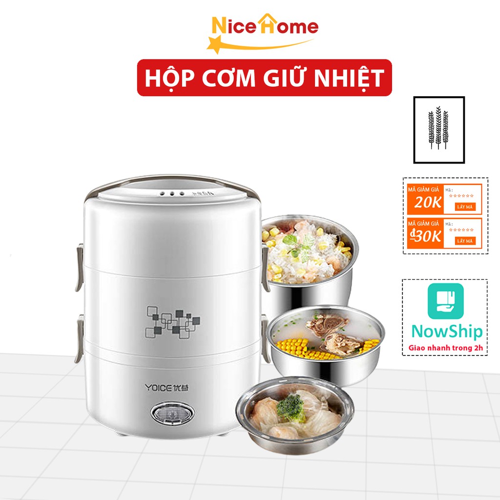 Hộp đựng cơm giữ nhiệt 3 tầng Yoice nhiều ngăn inox không gỉ, cặp lồng đựng cơm cắm điện siêu tiện dụng cho văn phòng