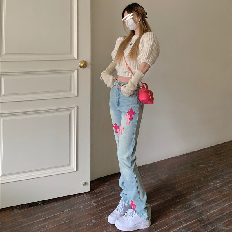 Quần jean dài ống rộng suông lưng cao phong cách xuân hè thời trang cho nữ