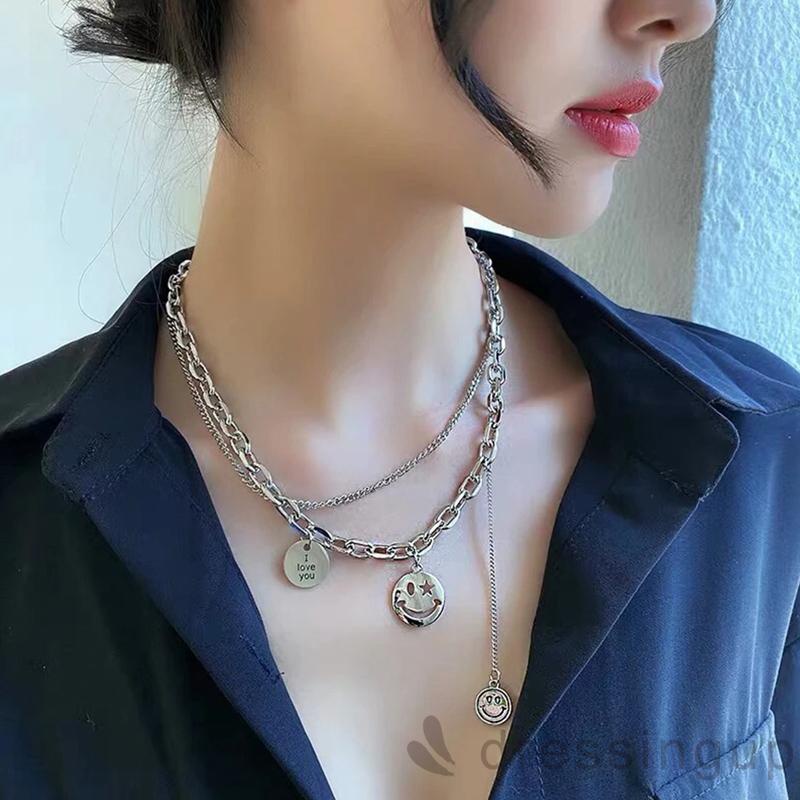 DRE-Women Layered Necklace , Alloy Smile Face Charm Chain Necklace , Silver