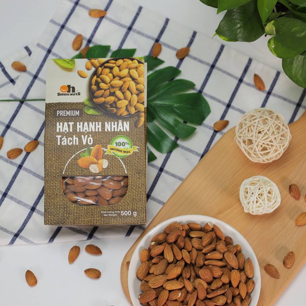 Hạt Hạnh Nhân Mỹ tách vỏ nướng mộc Oh Smile Nuts hộp giấy 500g