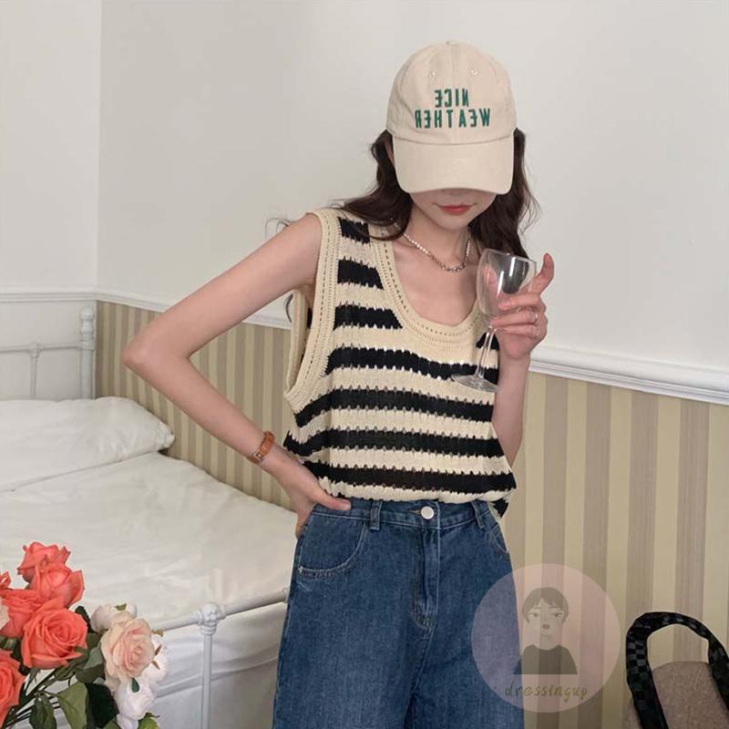 Áo Thun Ba Lỗ Không Tay Họa Tiết Sọc Màu Sắc Tương Phản Dành Cho Nữ