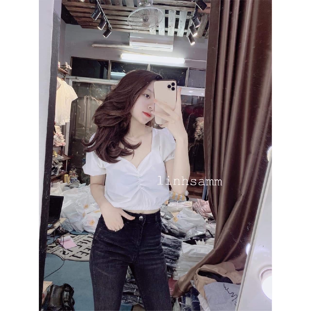 Áo croptop vai bồng chun eo | BigBuy360 - bigbuy360.vn